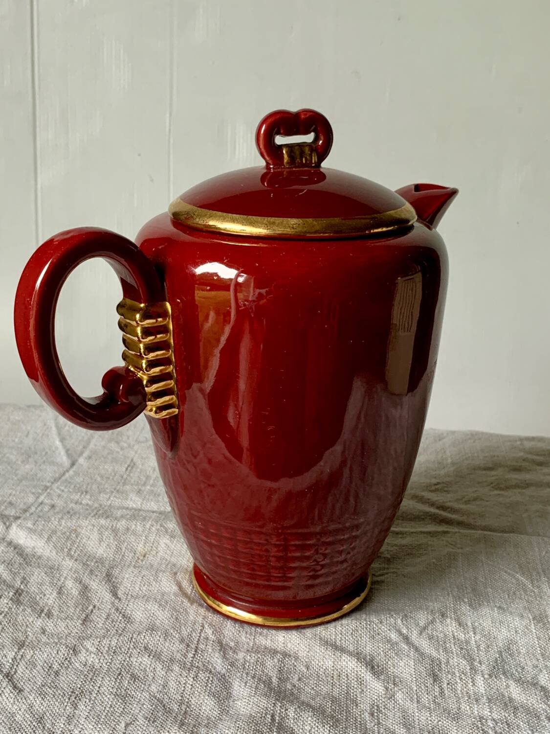 Antique Saint Clément coffee pot in burgundy and gold