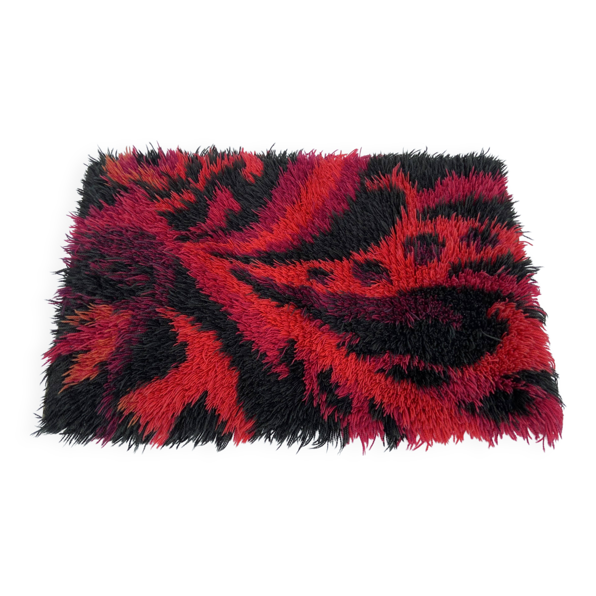 Vintage Red Scandinavian Design Wool Rya Rug Woven Handmade Vintage 1970s