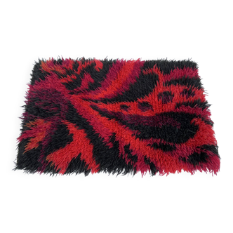 Vintage Red Scandinavian Design Wool Rya Rug Woven Handmade Vintage 1970s