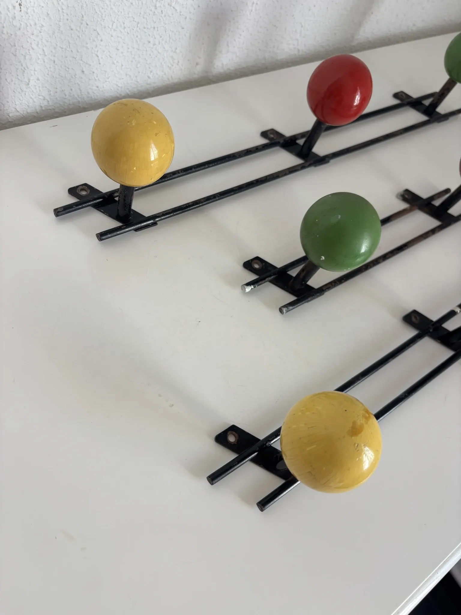 Vintage 1960s tricolour coat rack trio with 3 ball hooks - 45 x 6 / 2