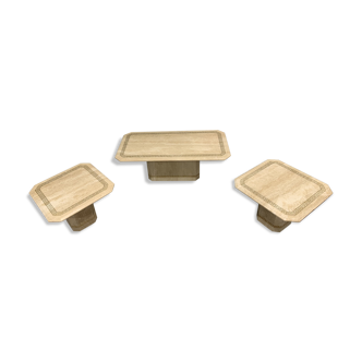 Set of 3 vintage travertine coffee table and side tables, 1980s