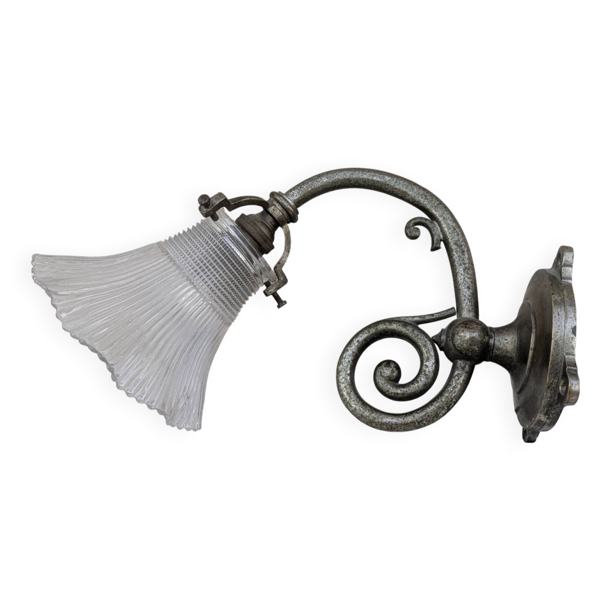 Vintage wall sconce in brass with Holophane glass tulip.