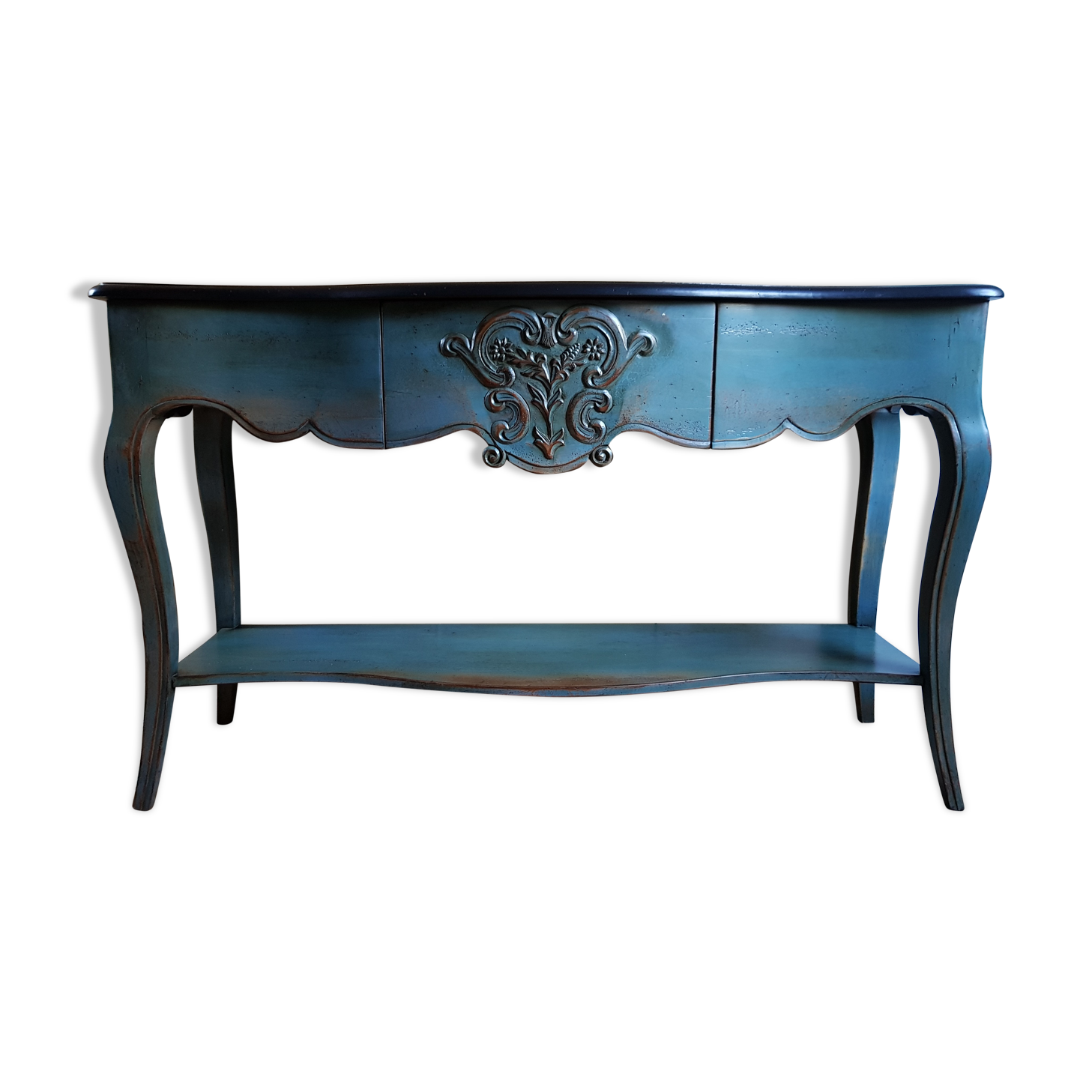 Water green patinated cherry console, black top, drawer