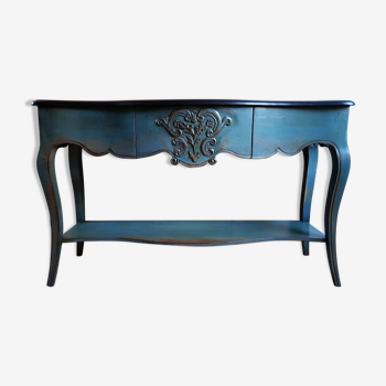 Water green patinated cherry console, black top, drawer