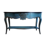Water green patinated cherry console, black top, drawer