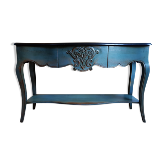 Water green patinated cherry console, black top, drawer
