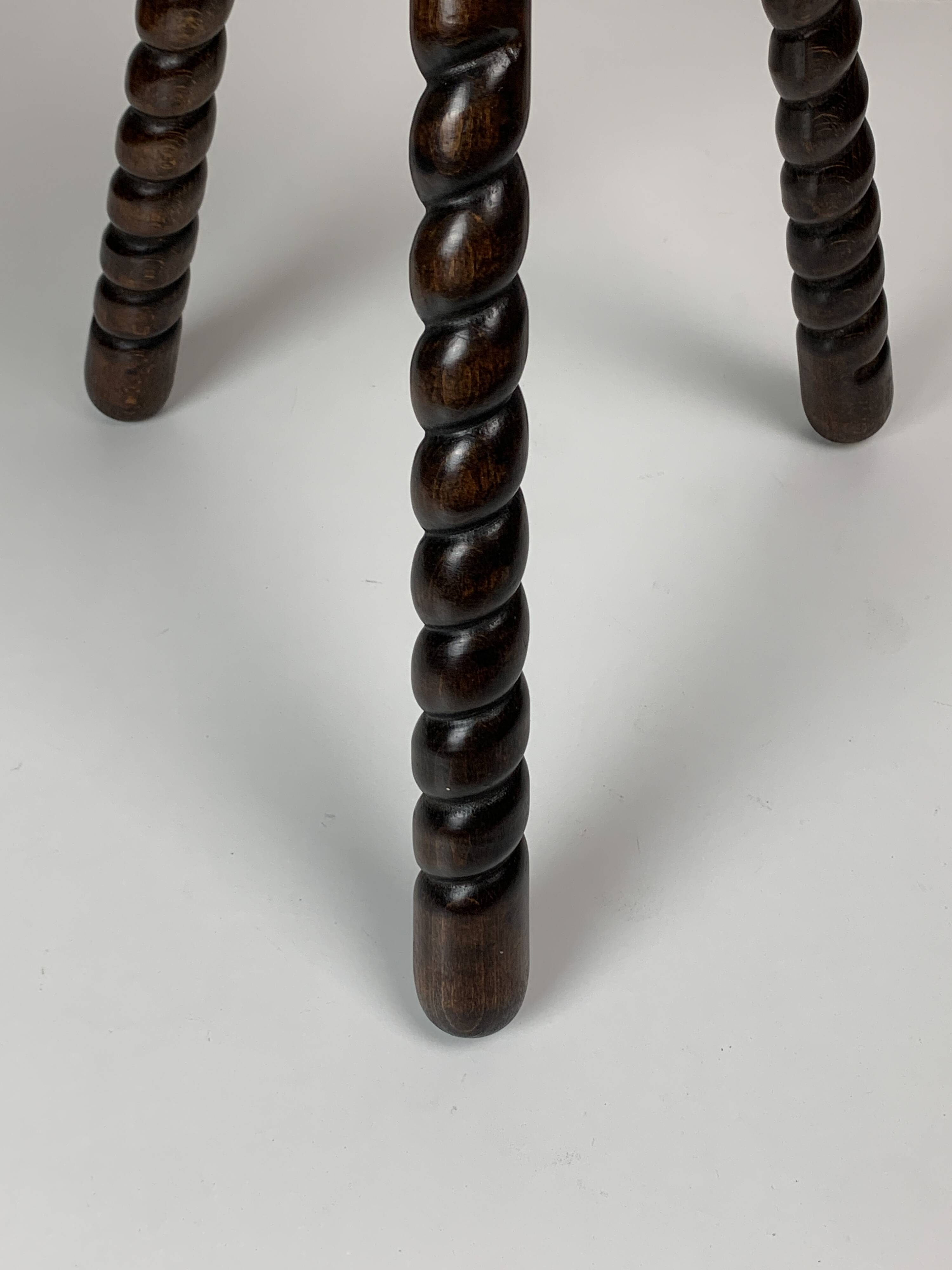 Pair of 2 midcentury brutalist modernist wood turned stools, ca 1950s