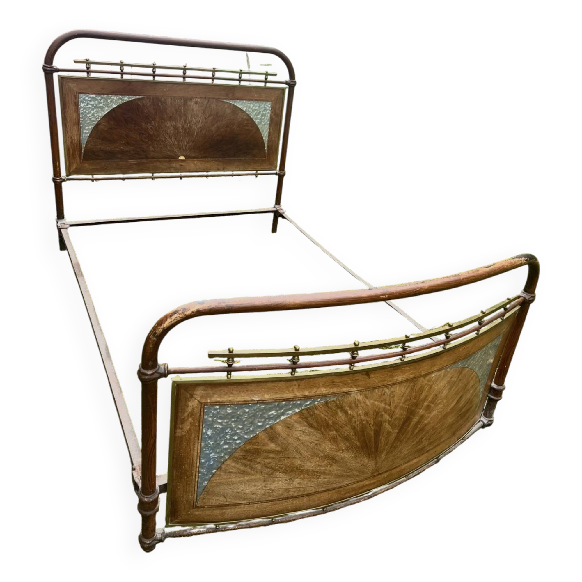 1920s art deco wrought iron bed frame with marquetry