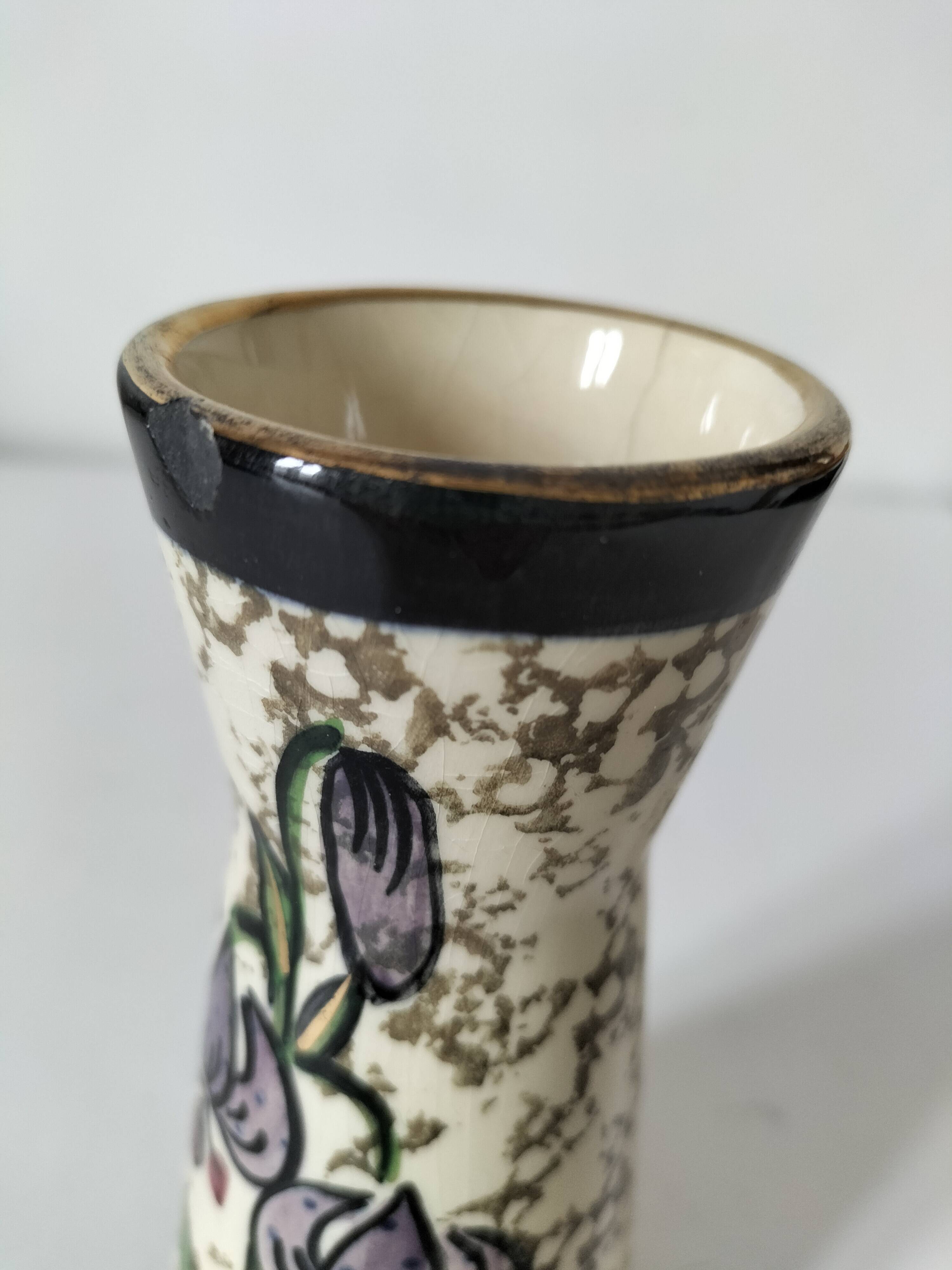 Vintage cream ceramic vase with purple floral decoration and gold highlights