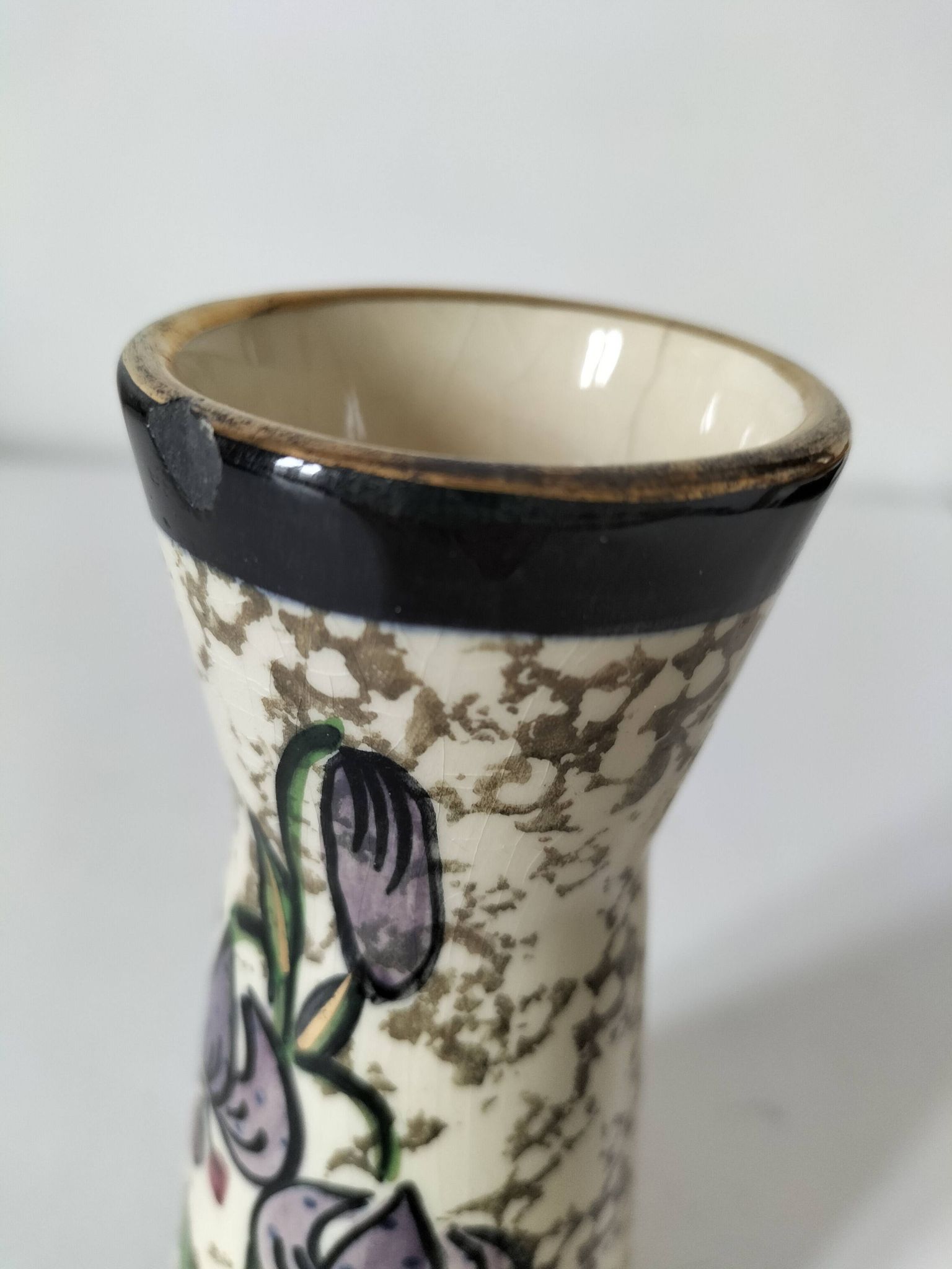 Vintage cream ceramic vase with purple floral decoration and gold highlights