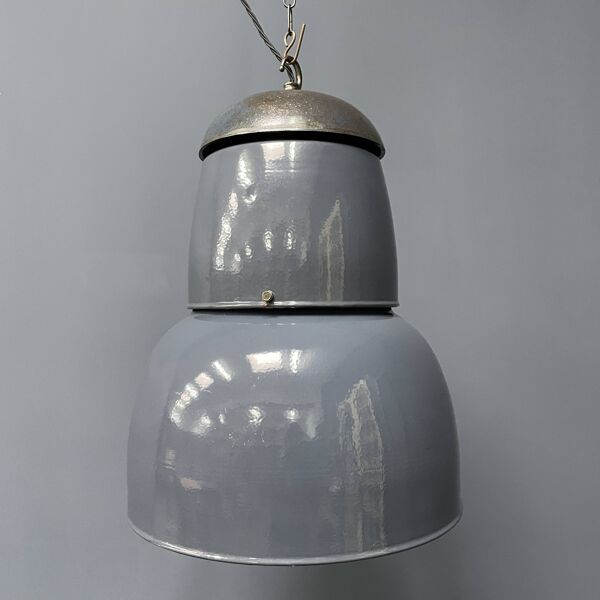 Grande lampe à suspension industrielle ancienne en émail bleu-gris