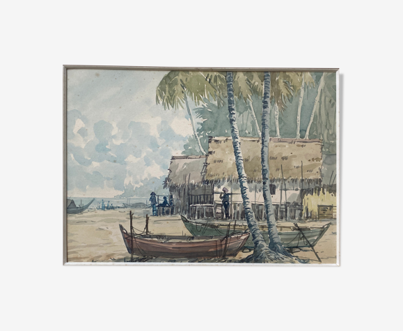 Tableau aquarelle originale ancienne marine voyage bord de mer orientaliste