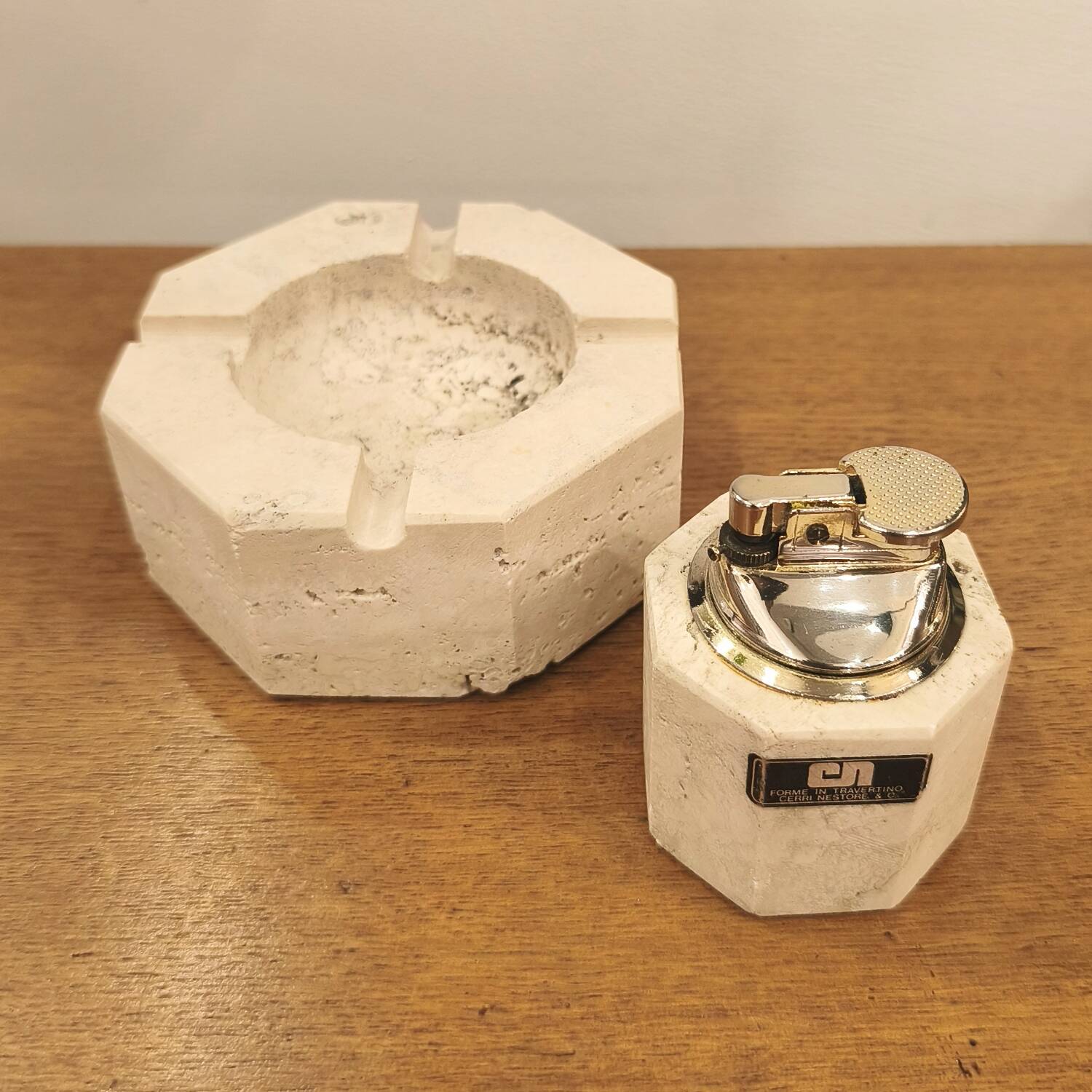 Travertine ashtray and lighter, design by Cerri Nestore, 1970.