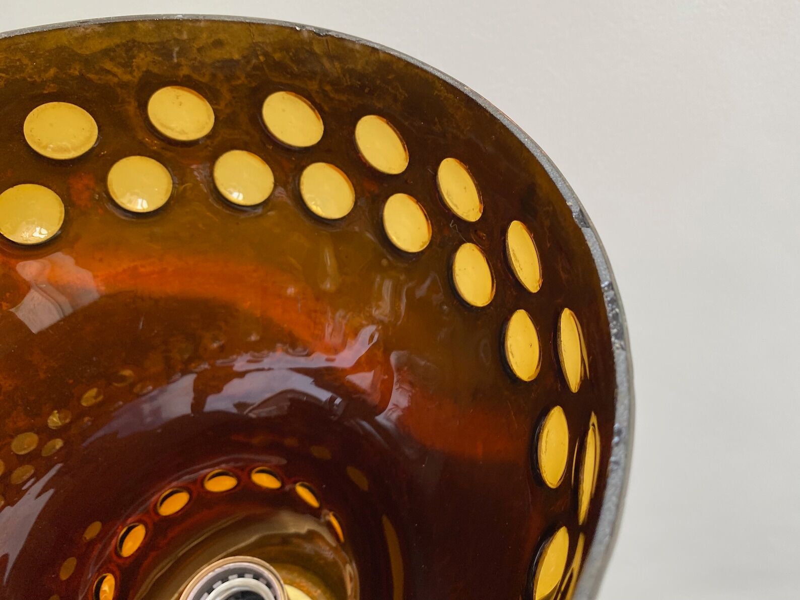 Mid Century caged glass & copper hanging lamp / pendant