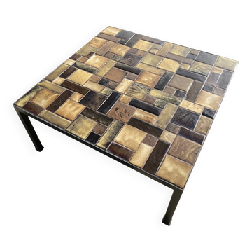 Table basse brutaliste fer forgé et céramique des années 70'