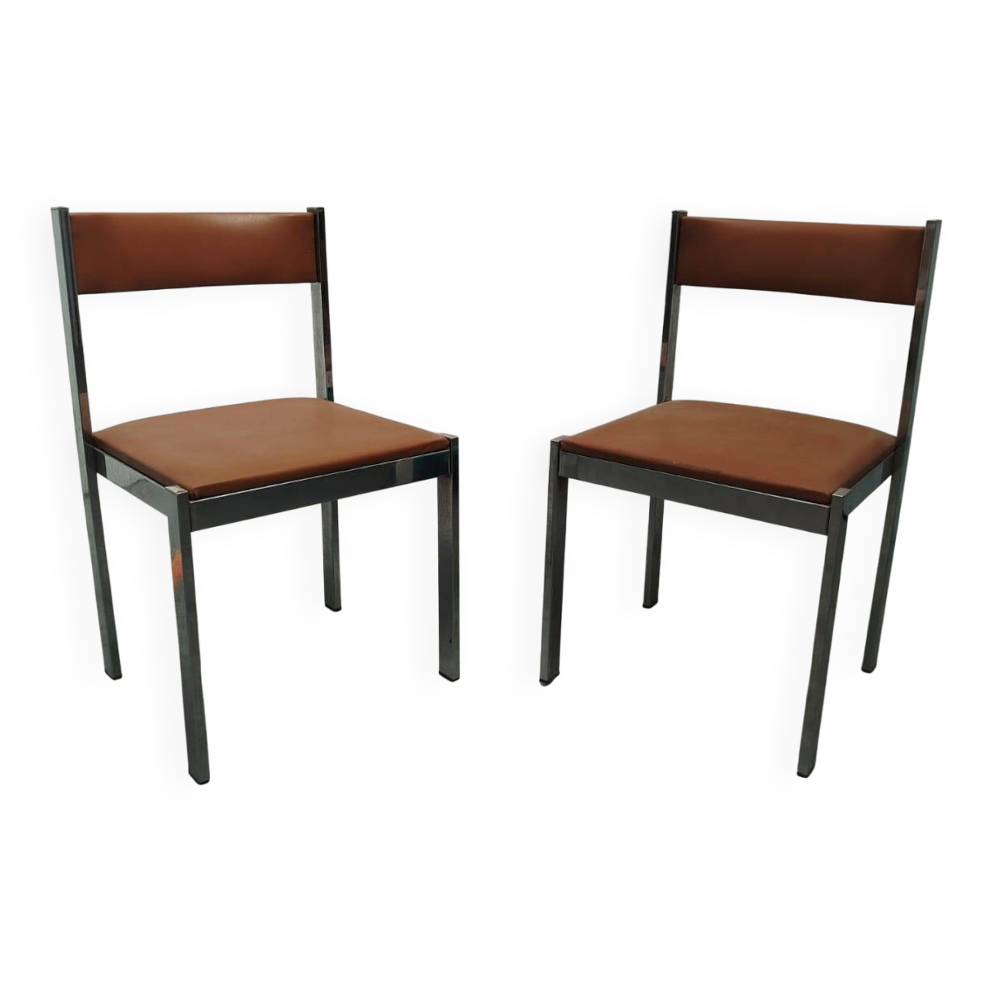 Pair of vintage chrome metal & brown imitation leather chairs (70s)