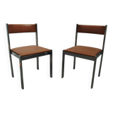 Pair of vintage chrome metal & brown imitation leather chairs (70s)
