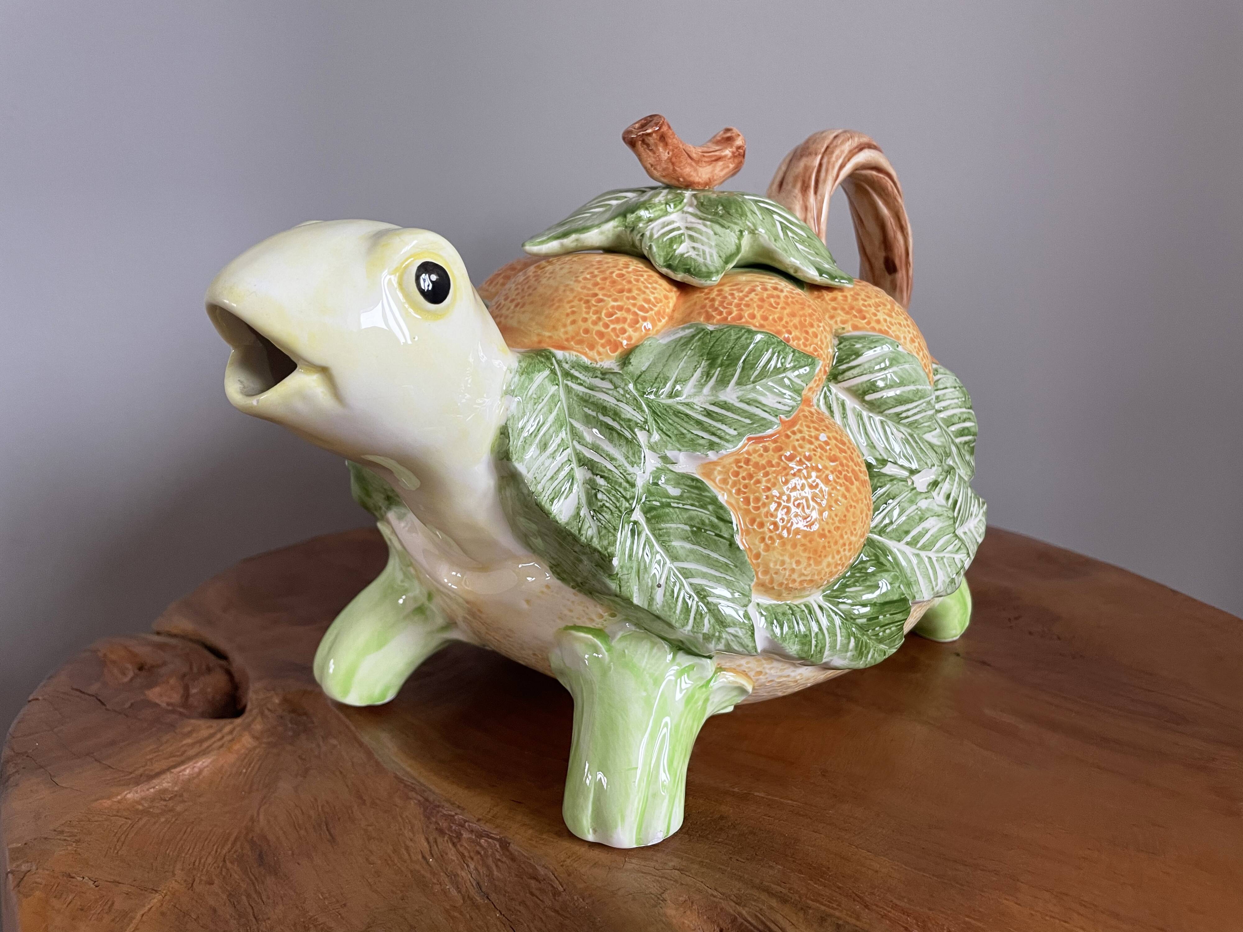 Fitz & Floyd ff1986 turtle jug or teapot with oranges and leaves, american majolica tableware