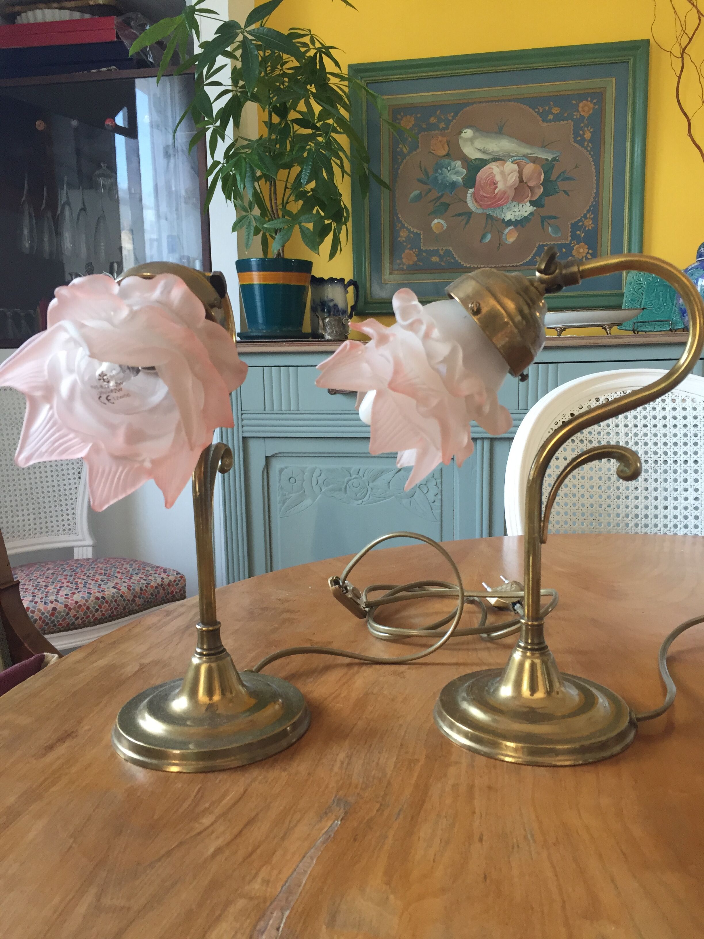 Old bedside lamp flower in art nouveau style glass paste