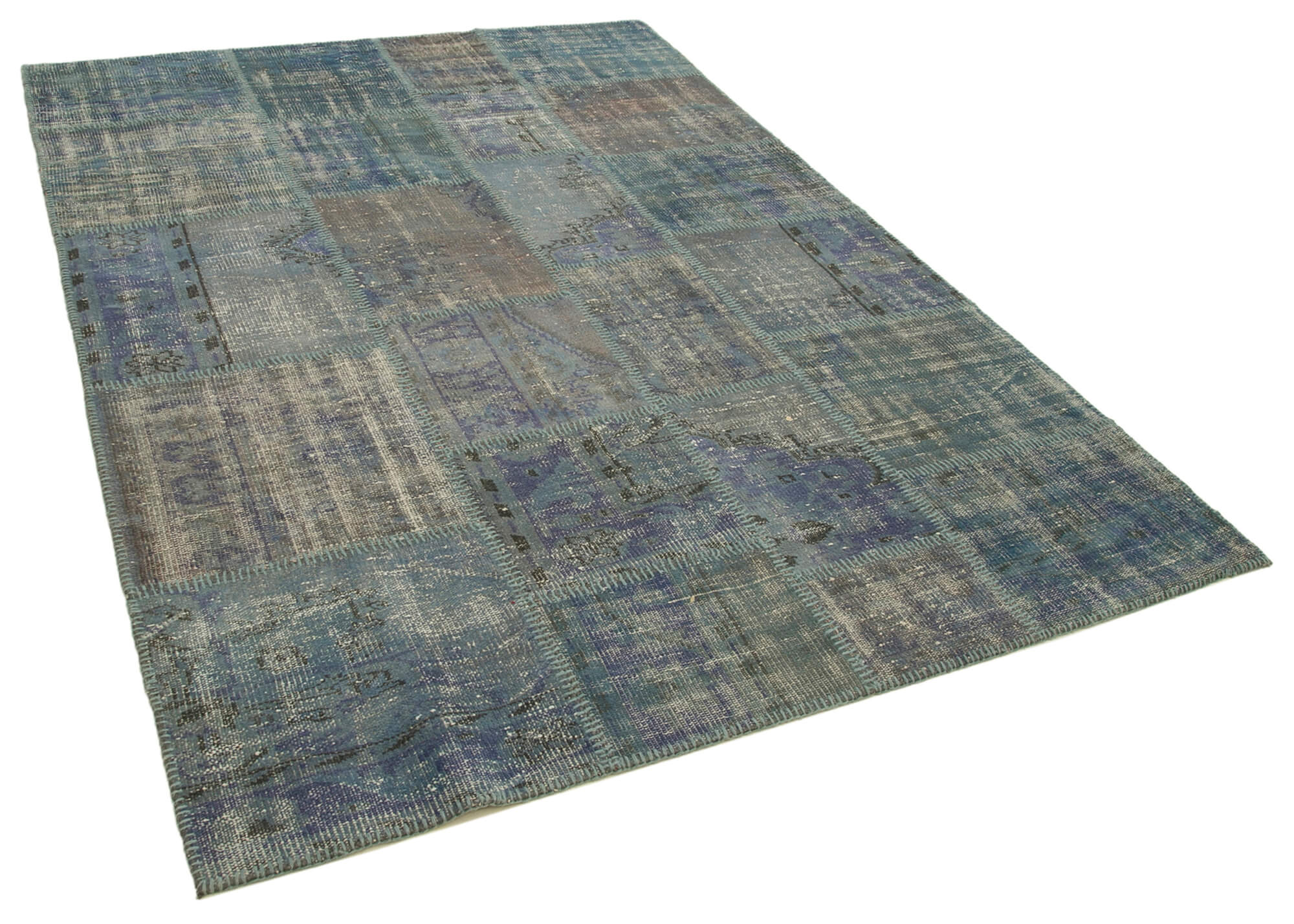 Hand-knotted oriental vintage 176 cm x 244 cm blue patchwork carpet