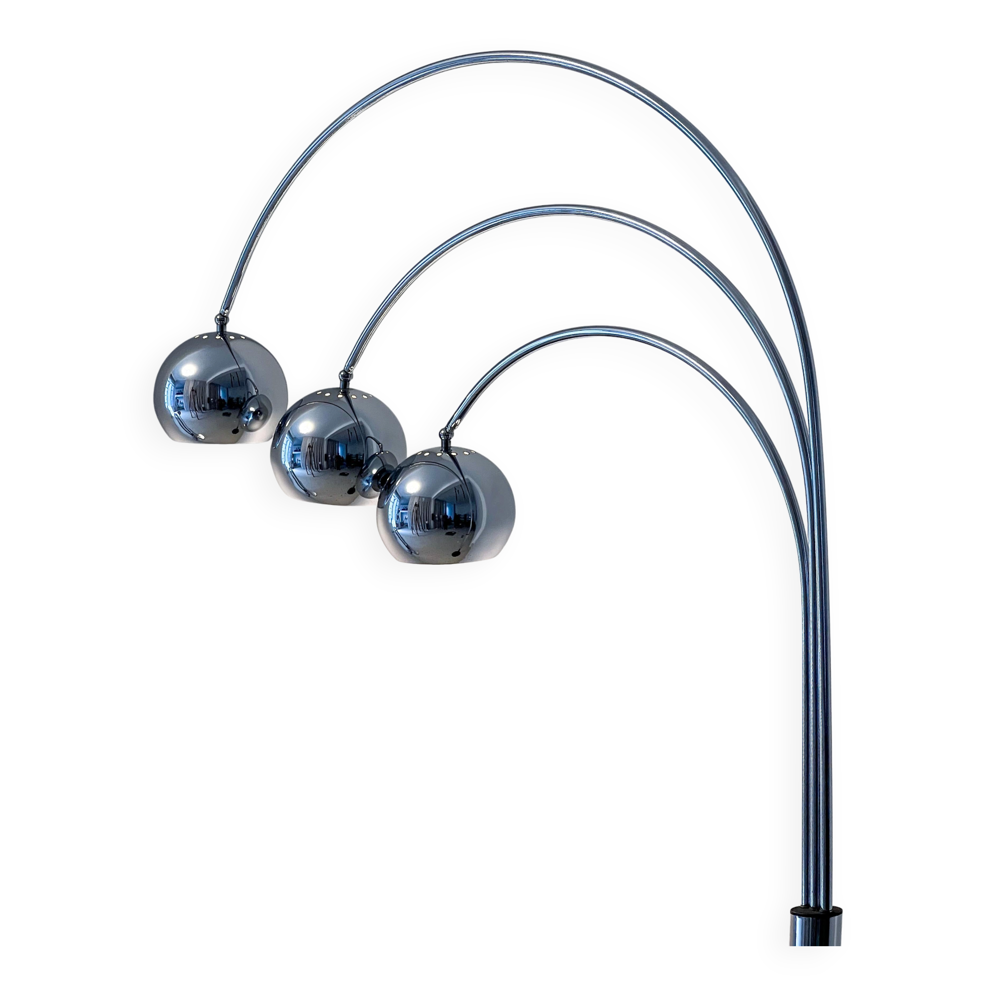 Sculptural Space Age Arco Floor Lamp, Chrome Metal, Three Lights, Reggiani
