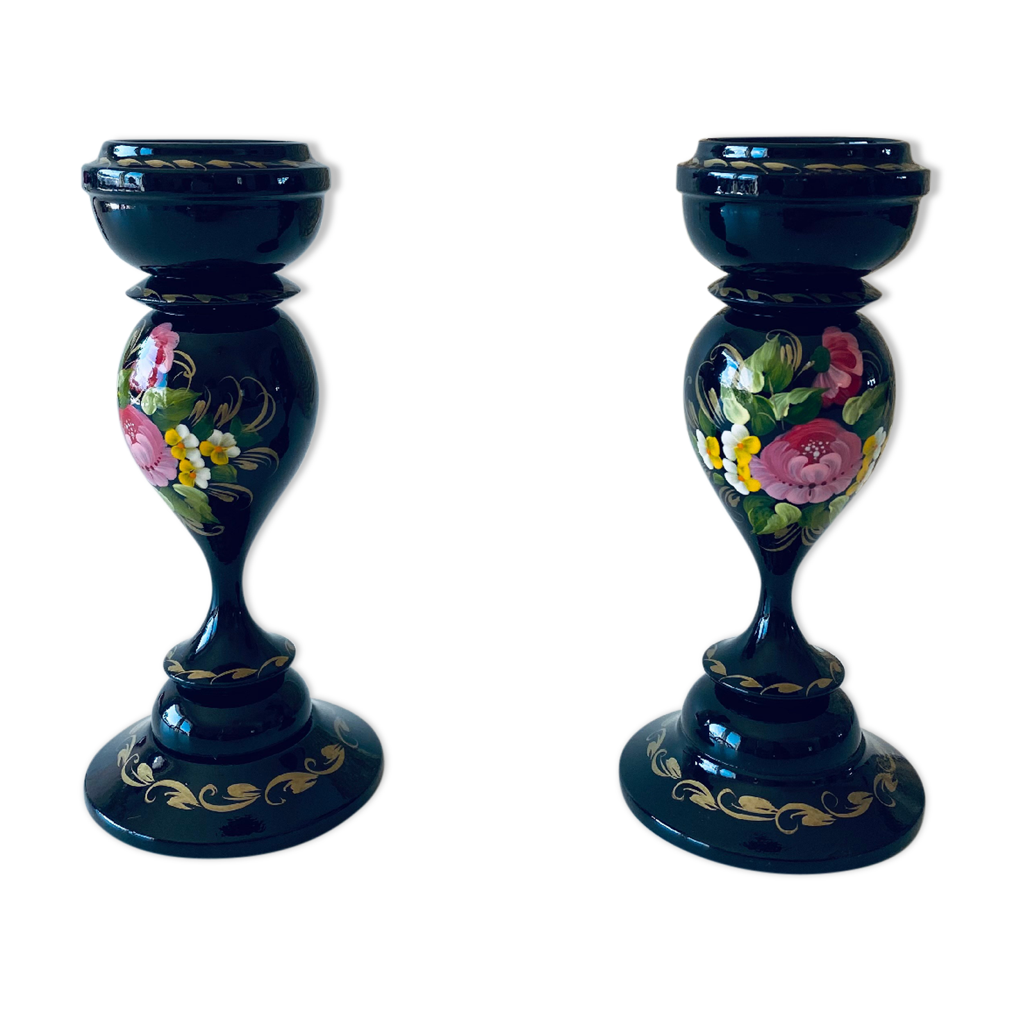 Pair of wooden Ukrainian candlesticks