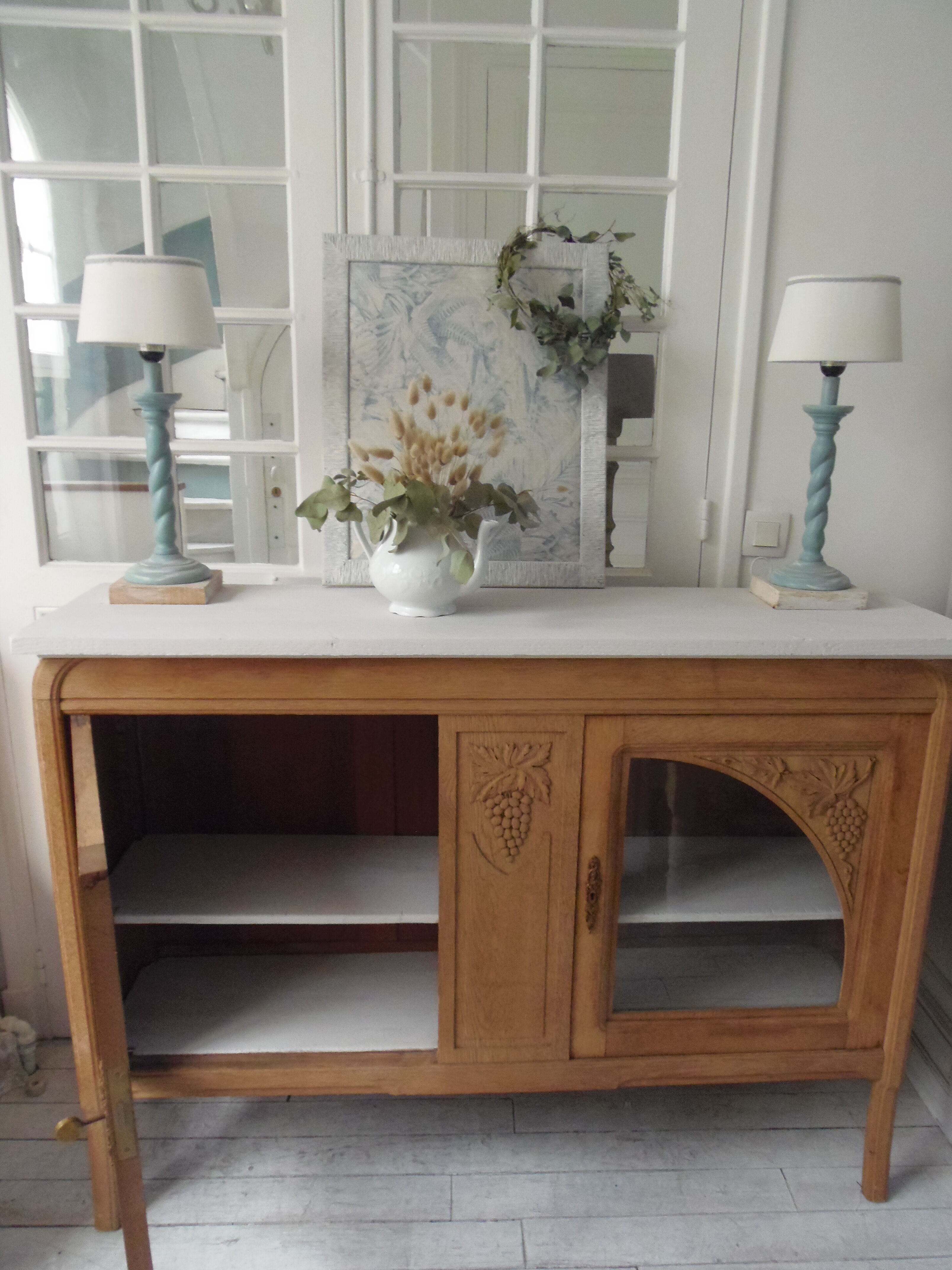 Buffet, art deco serving in oak, pearl gray patinated pine top