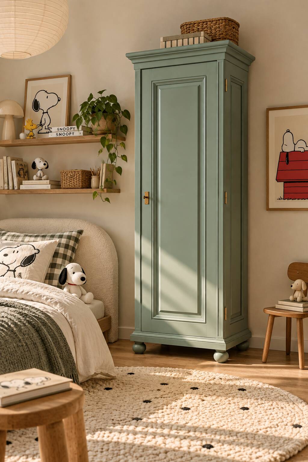 Parisian bonnetière, solid pine, Art Deco, renovated, grey-green.