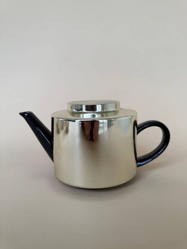 Ensemble vintage moderniste de 6 tasses à café/thé en verre avec théière en céramique.