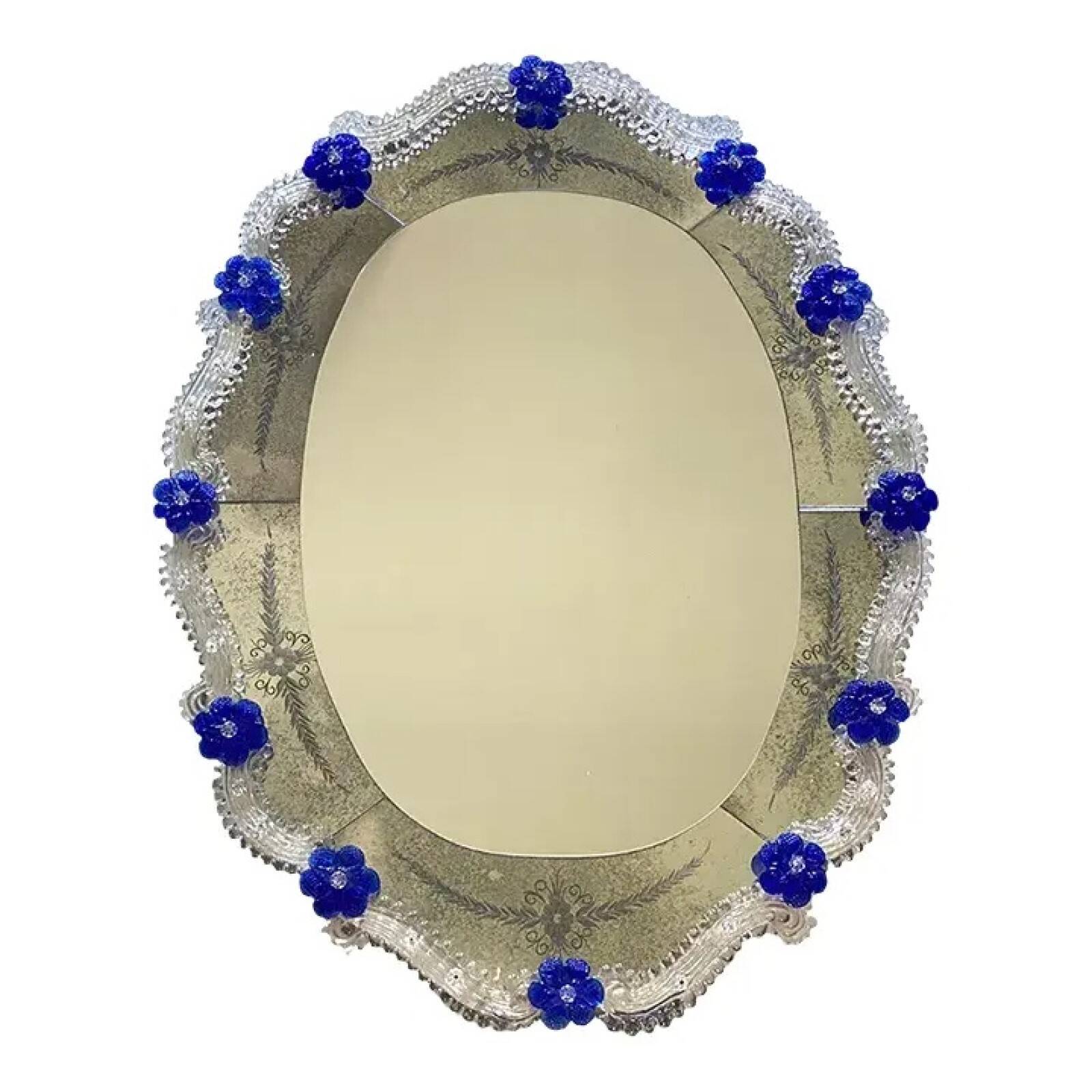 Hand-Carved Venetian Oval Mirror in Murano Glass Style, Early 21st Century