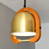 Lustre à hauteur réglable en laiton et en chêne du milieu du siècle dernier 70s