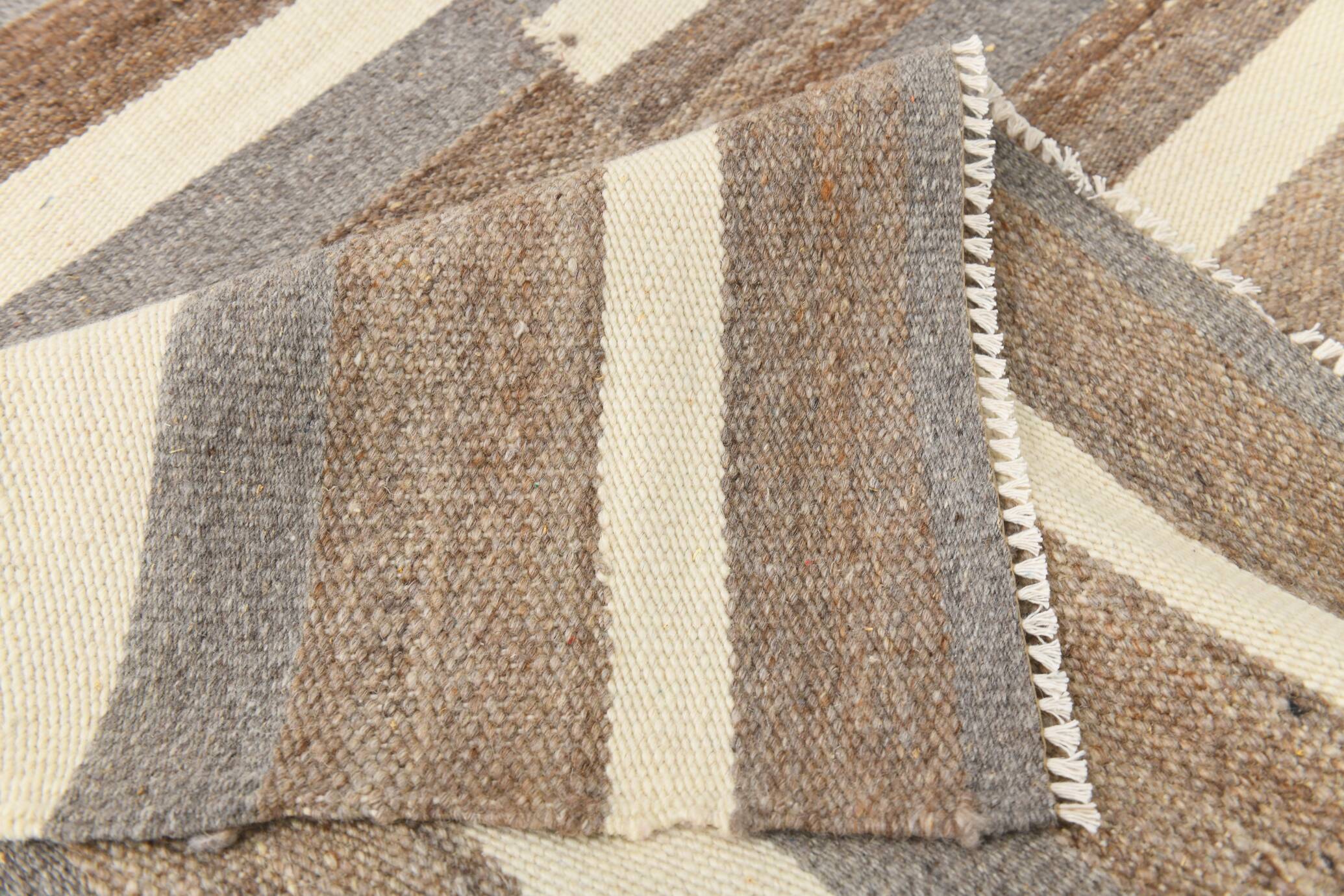 Contemporary Brown & Beige Striped Motifs Vintage Kilim Rug, 226x306Cm