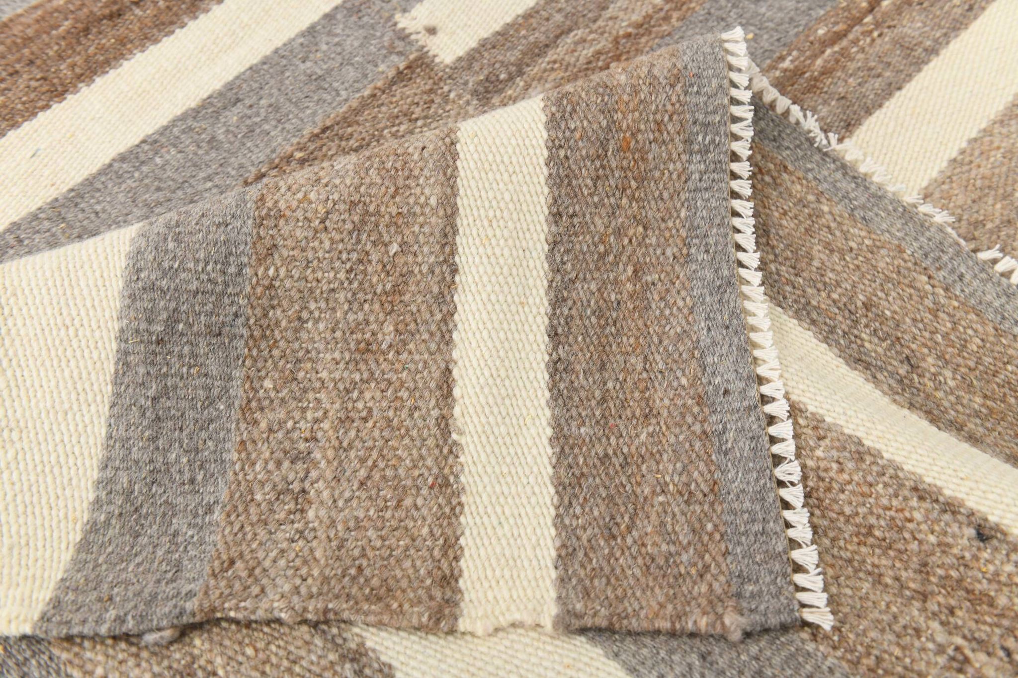Contemporary Brown & Beige Striped Motifs Vintage Kilim Rug, 226x306Cm