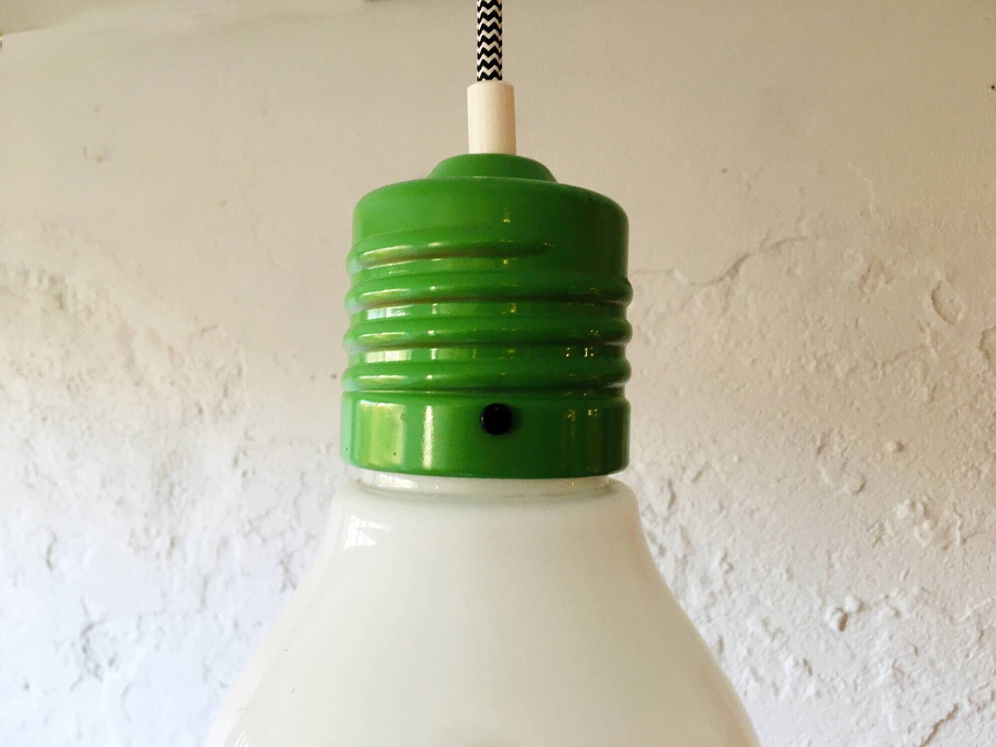 Opaline shade in a metal holder Pendant Lamp with fabric wire, Italy, 1960s