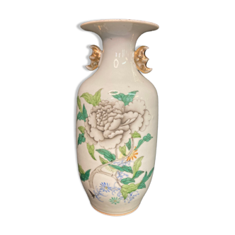Vase porcelaine pivoine grise signé début XXème, Chine