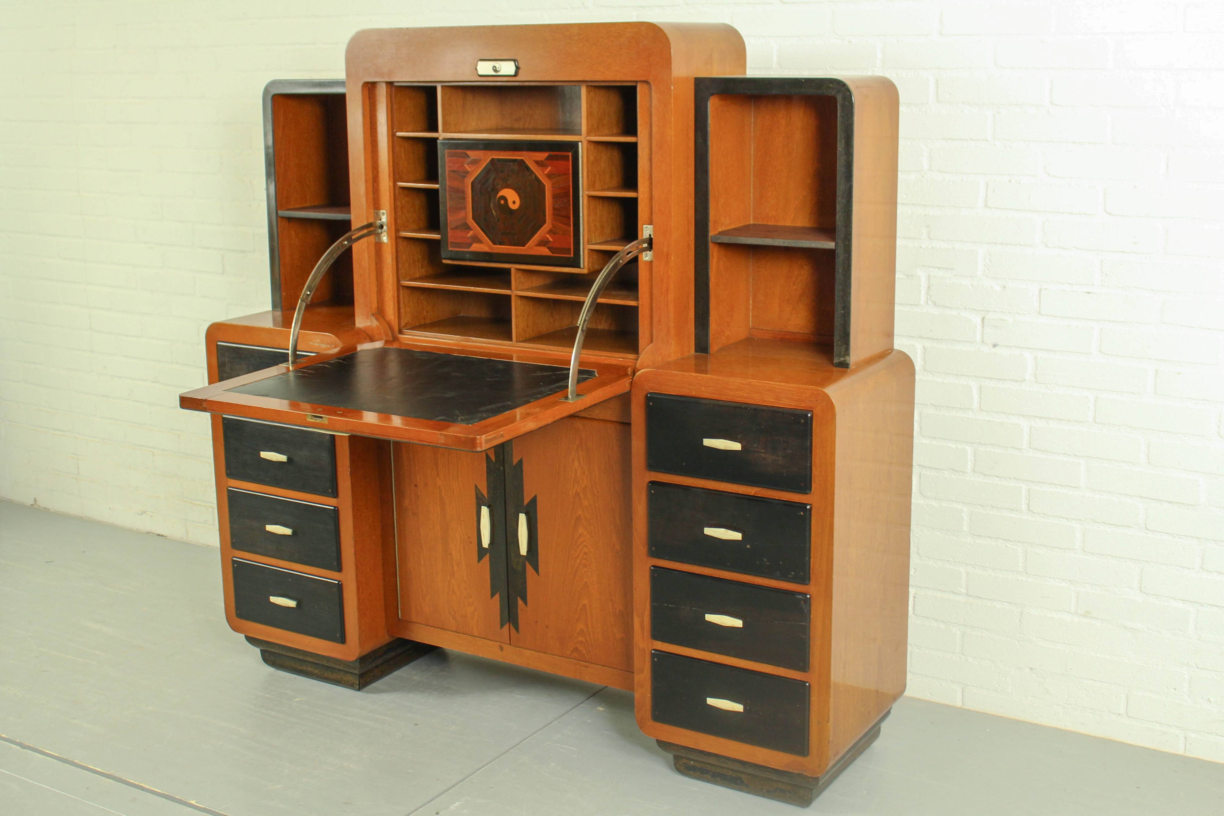 Solid high quality teak art deco secretaire by Gerson’s furniture store, produced in Bangkok, 1930s