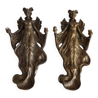 Exeptionnelle  paire d'appliques en bronze epoque art nouveau, 1900