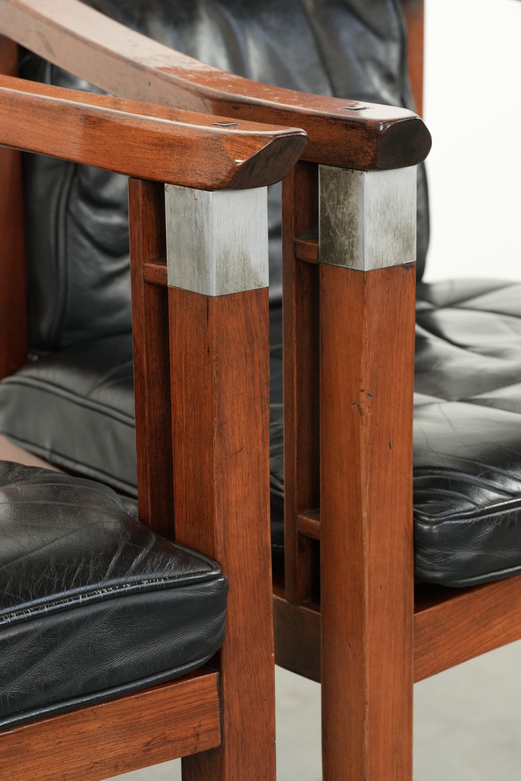 Black leather set of 2 Art Deco design dining/side chairs with armrests