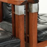 Black leather set of 2 Art Deco design dining/side chairs with armrests