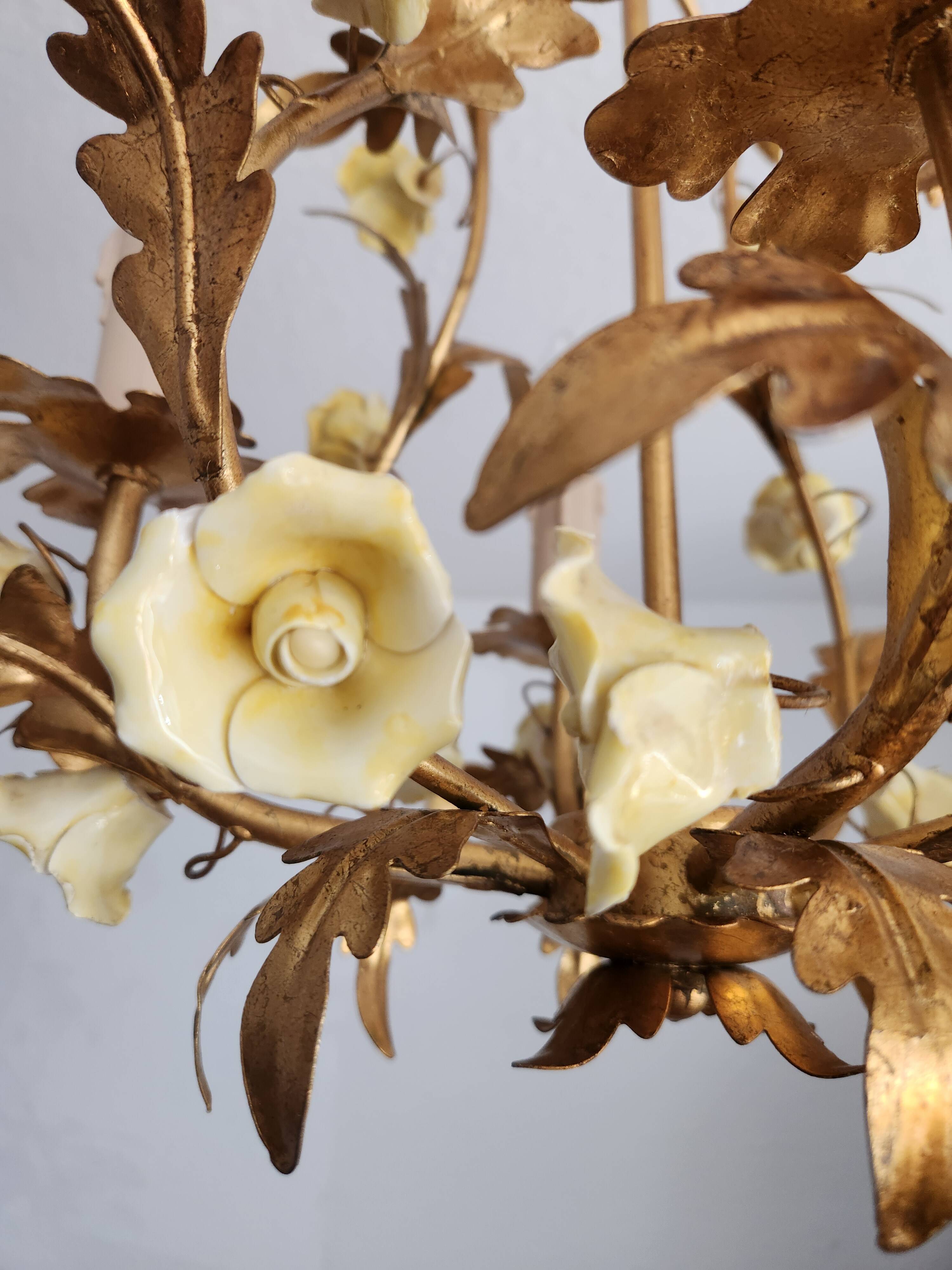 Vintage gilded hand-forged Florentine ceiling light with porcelain roses.