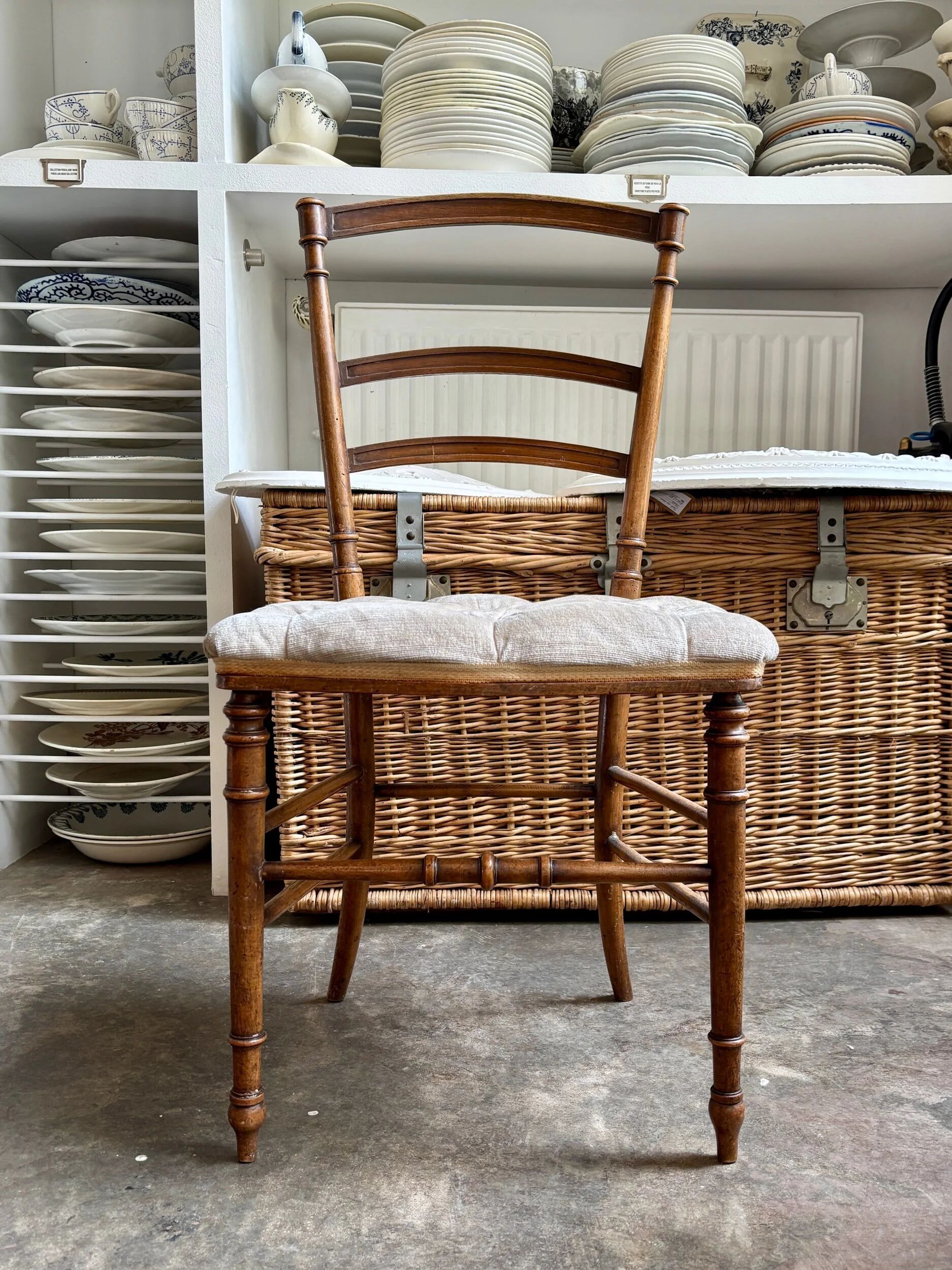 Napoleon III chair in dark wood and beige cotton velvet.