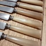 Box 12 old cheese knife 19th blade steel virole silver handle horn