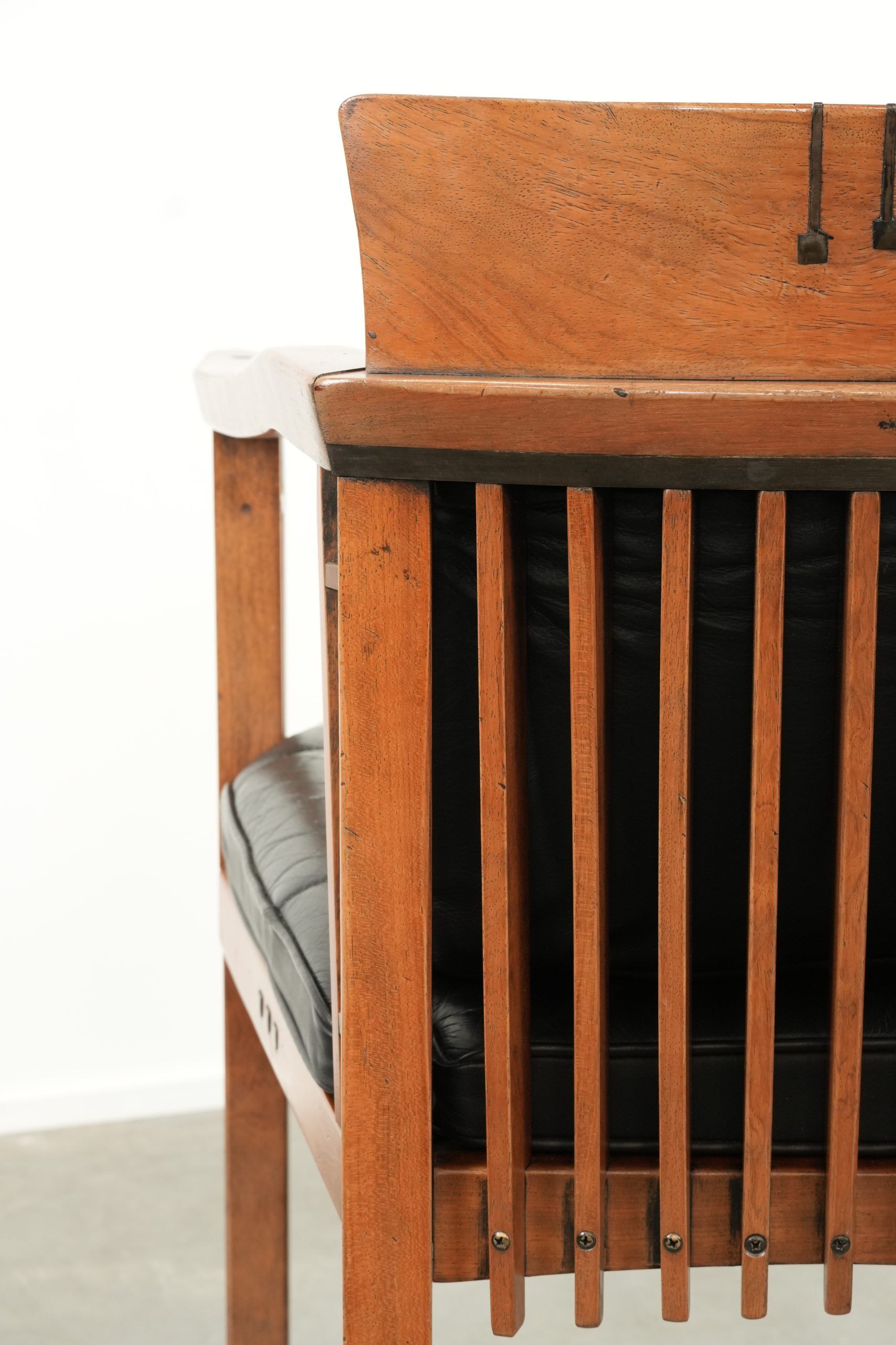 Black leather Art Deco design dining/side/desk chair with armrests