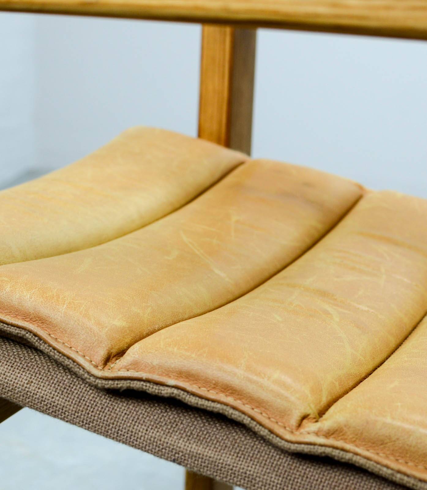 Set of Camel Leather Cubic Pinewood Side Chairs by Ate van Apeldoorn 1970s