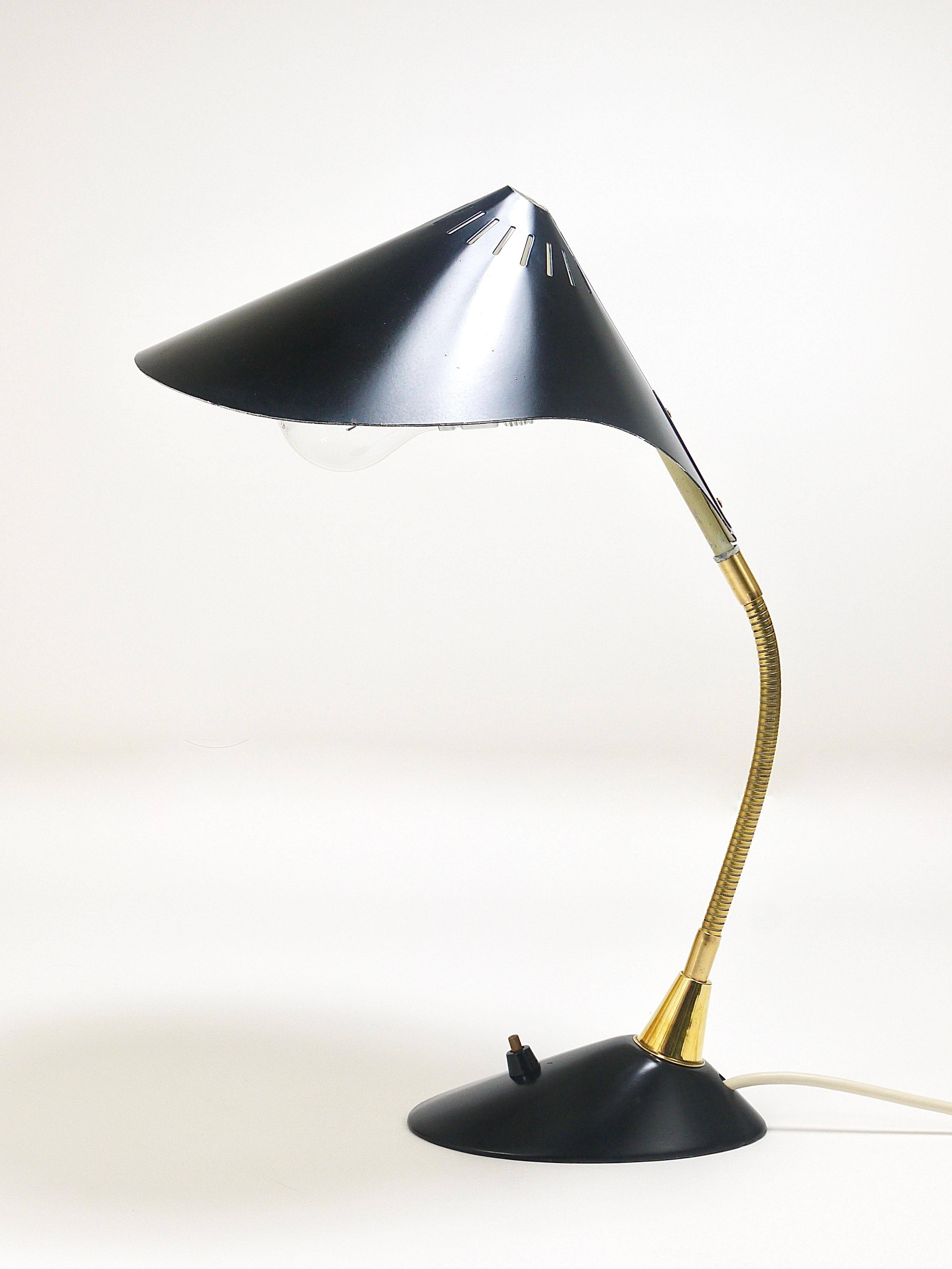 1950s Cosack Cobra black desk or table lamp in brass, mid-century, Stilnovo style.