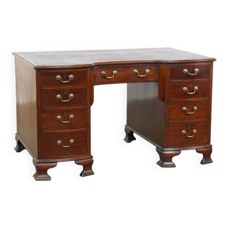 Bureau anglais ancien en bois de la fin du 19e siècle avec un plateau en cuir