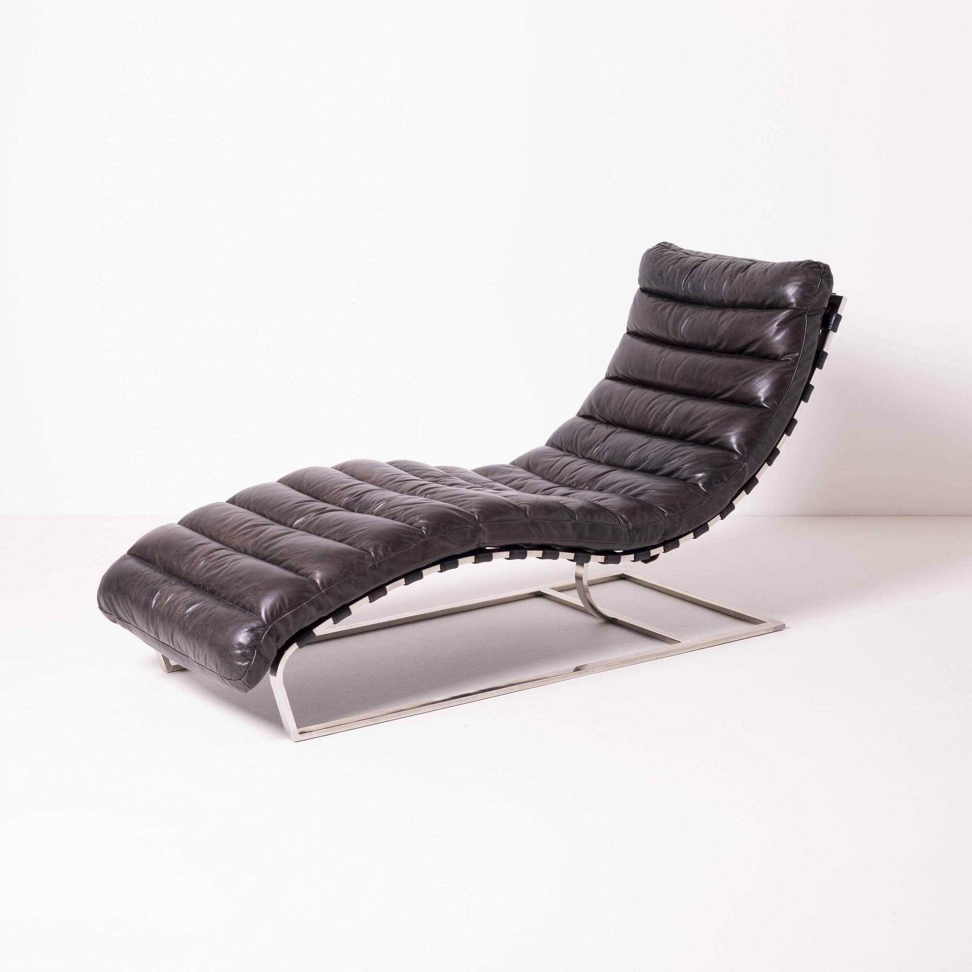 Oviedo mid-century vintage style chaise longue in dark brown leather and chrome