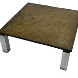 Vintage Square coffee table with slat stone top and chromed steel base - 1960s
