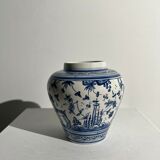 Blue and white Portuguese handmade vase with stylized pastoral pattern H:12,5cm