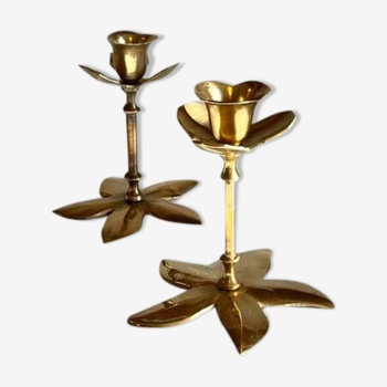 Pair of VINTAGE solid BRASS Flower CANDLE HOLDERS